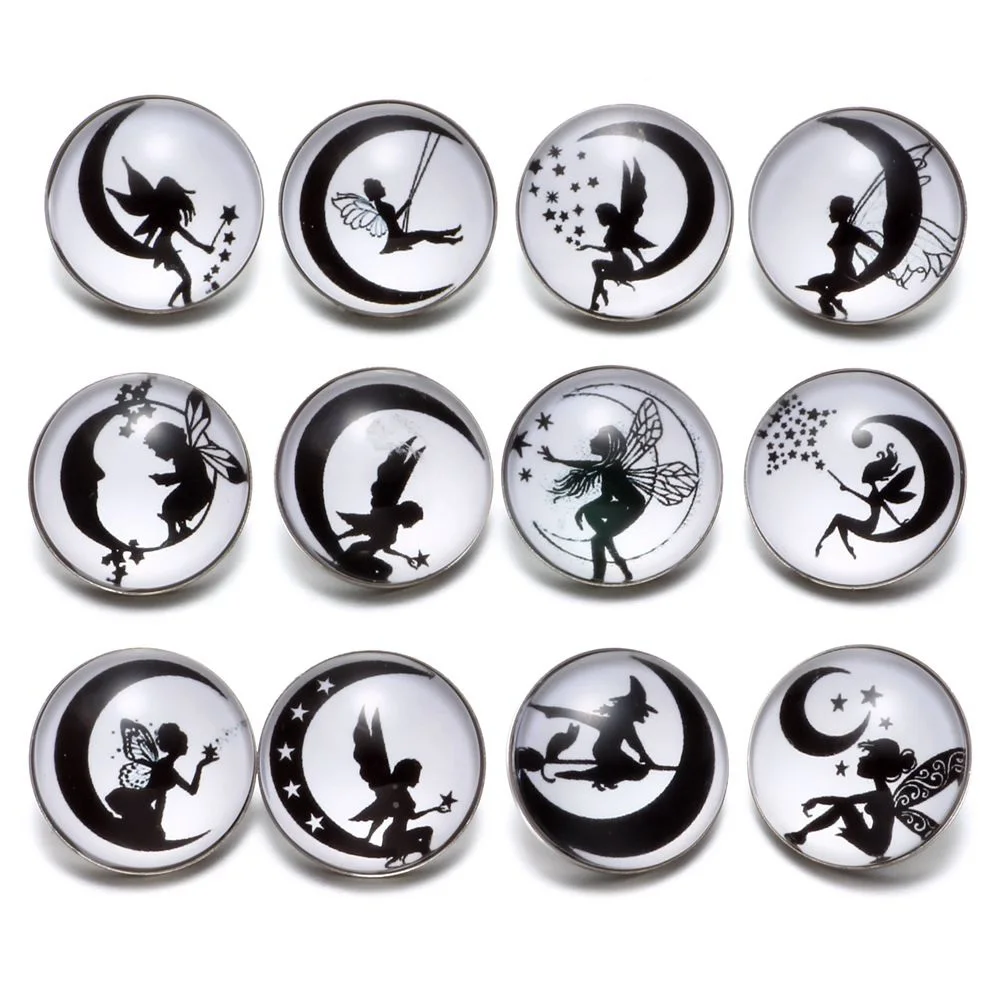 12pcs/lot Black&White Theme Moon & Fairy Pattern 18mm Snap Button Charms For Snaps Bracelet Jewelry KZ0633| |