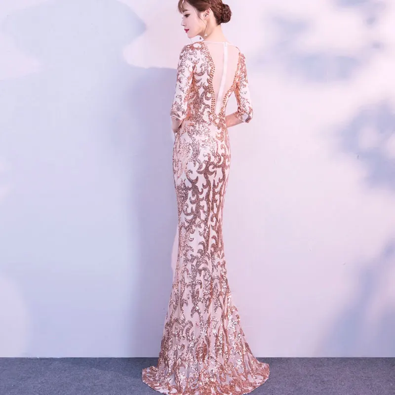 Вечернее платье Черное V-cou Прозрачное с пайетками Partie Formelle Robe Moitie Manches Perles Sexy robes de