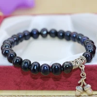 natural black freshwater pearl nearround beads 7 8mm beaded strand bracelets bangle for women elegant diy jewelry 7 5inch b3139