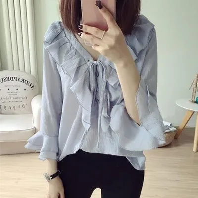 4XL женские блузки и топы корейские шифоновые светло голубые рубашки с длинными рукавами для женщин Летняя