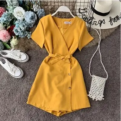 yellow LUOSHA женские летние с коротким рукавом сексуальные глубокий v-образный вырез широкие брюки комбинезон женский однобортный комбинезон с поясом - Цвет: yellow