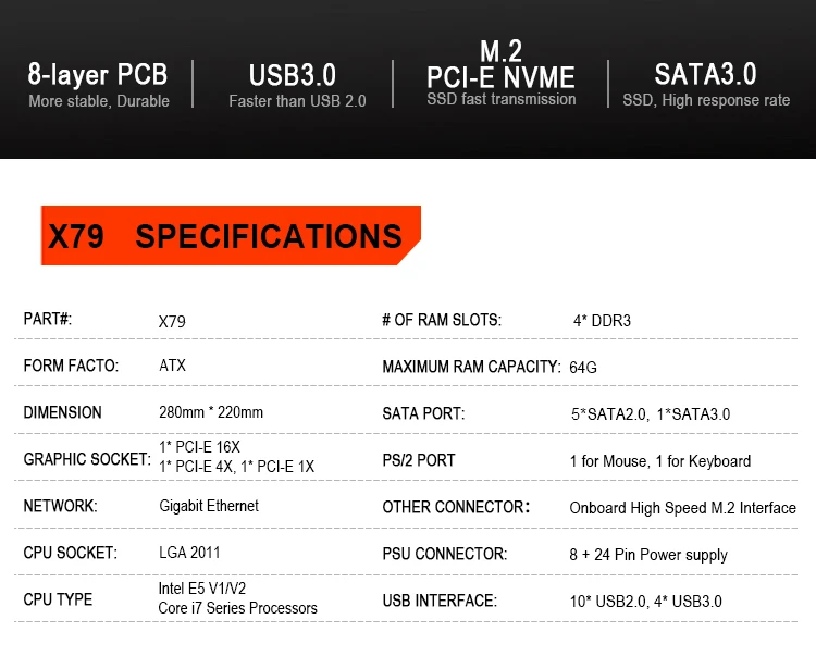 Комплект материнской платы Kllisre X79 с Xeon E5 2650 V2 4x8 ГБ = 32 Гб 1600 МГц DDR3 память ECC Reg ATX USB3.0 SATA3 PCI-E NVME M.2 SSD