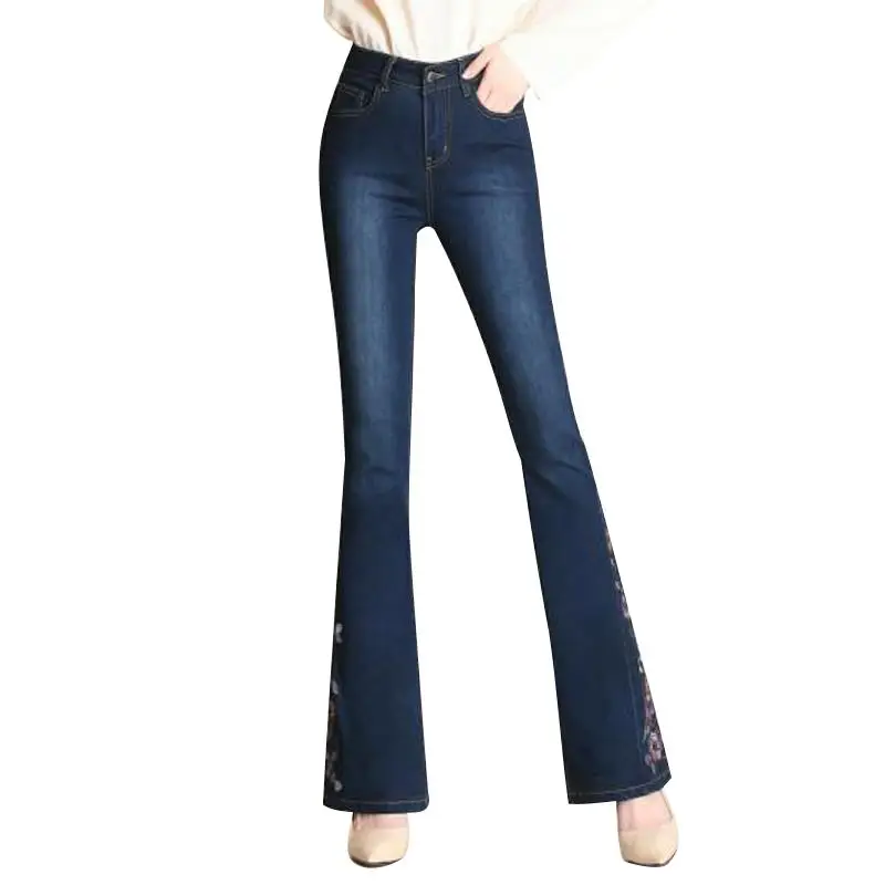 Embroidered micro-horn jeans women spring and autumn new high waist slim embroidered flared pants wide leg trousers |