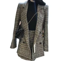 jsxdhk plus size autumn winter women skirt suits 2021 runway houndstooth plaid tweed woollen blazer coat short a line suits