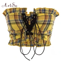 artsu plaid ruffle lace up tank top sexy bohemian fitness yellow crop top off shoulder backless vintage short tops asve20275
