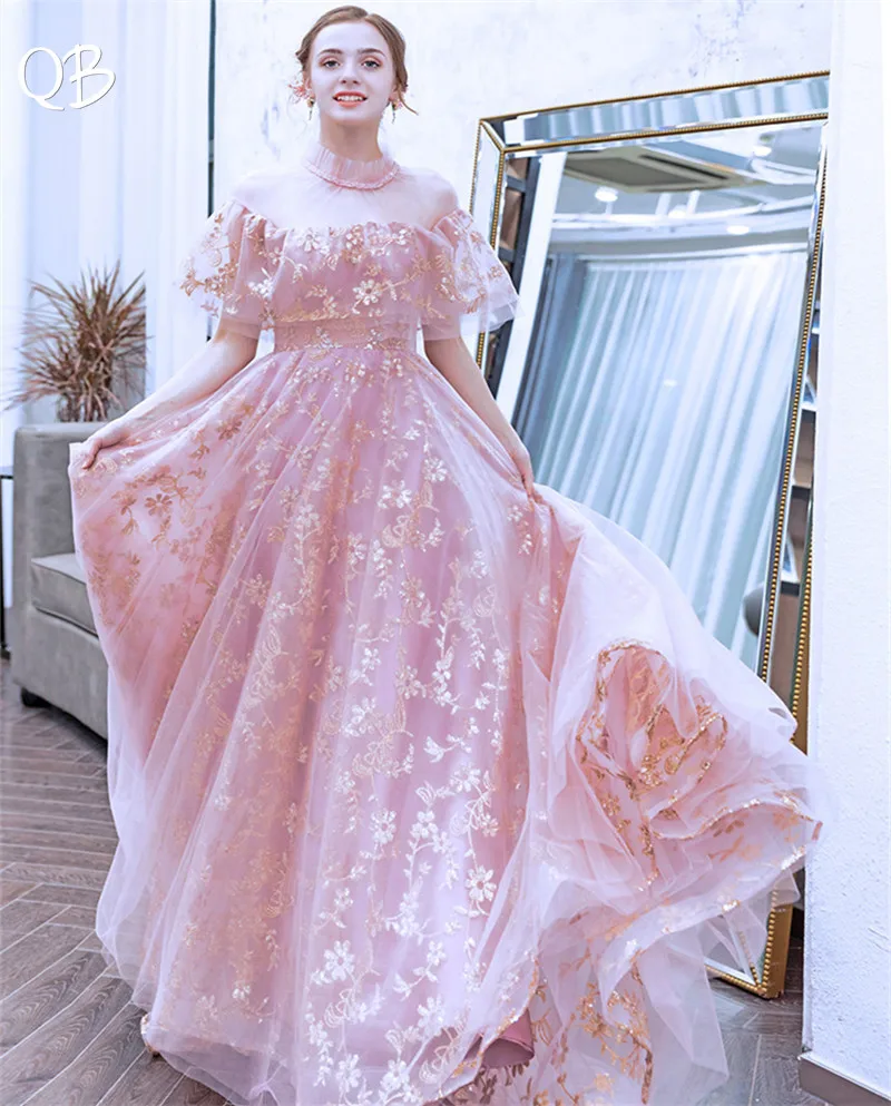 

Pink Ball Gown Tulle Lace Flowers Beading Elegant Luxury Evening Dresses 2019 New Fashion Formal Evening Gowns XH410