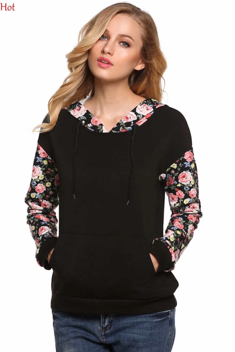 Модные осенние толстовки женские повседневные Лоскутные с цветочным принтом