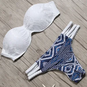 Соблазнительное однотонное бикини 2022, новый купальник в стиле пэчворк, Женский комплект бикини с лифом-бандо на шнуровке и с зубчатыми краями, купальник, женские летние купальные костюмы