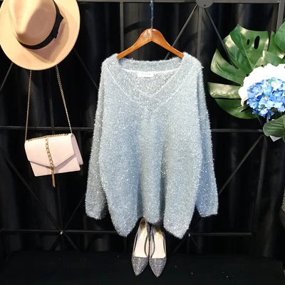 light blue Cakucool женский золотистый люрекс свитера большой v-образный вырез свободные широкие Джемперы Украшенные пушистой тонкой серебряной нитью свитер осень зима леди - Цвет: light blue