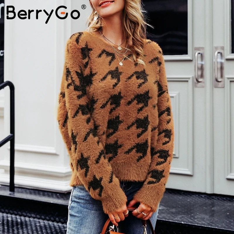 BerryGo Houndstooth mohair knitted sweater women Casual soft winter pullovers female jumper O-neck autumn ladies sweaters 2019 | Женская