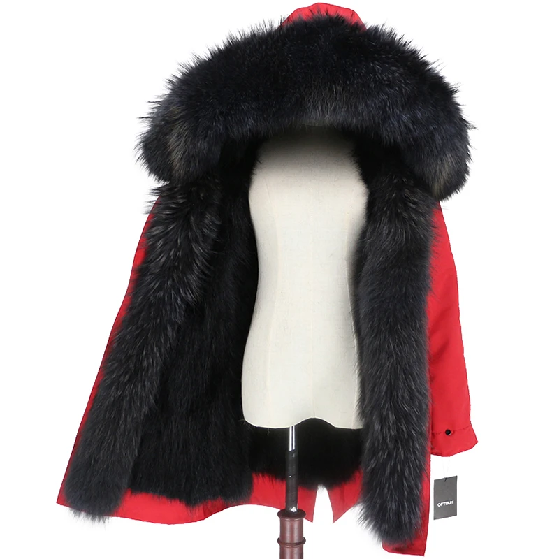 red black grey OFTBUY пальто из натурального меха енота, капюшон из лисьего меха, зимняя куртка, Женская длинная парка, водонепроницаемая верхняя одежда - Цвет: red black grey
