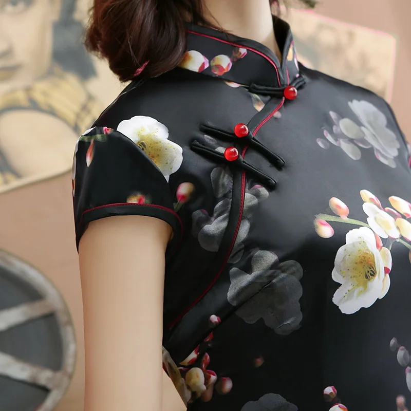 Черный сексуальный искусственный шелк Ципао винтажный цветок Cheongsam новинка