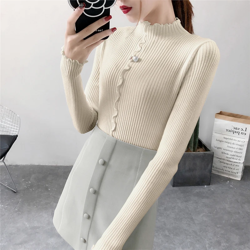 Новый 2018 осень-зима Для женщин свитер с круглым вырезом и оборками длинными