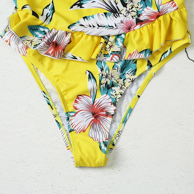 New Women Swimwear One Piece Swimsuit Retro White Yellow Print Ruffle Push Up Bathing Suit Female Sexy Beachwear Bodysuit | Спорт и