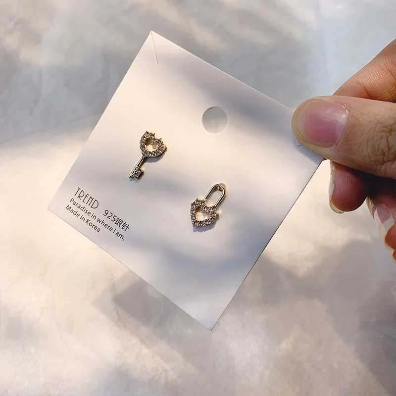 S925 Sterling Silver Mini Key Earrings Female Temperament Korean Personality Simple Asymmetric Lock Zircon | Украшения и