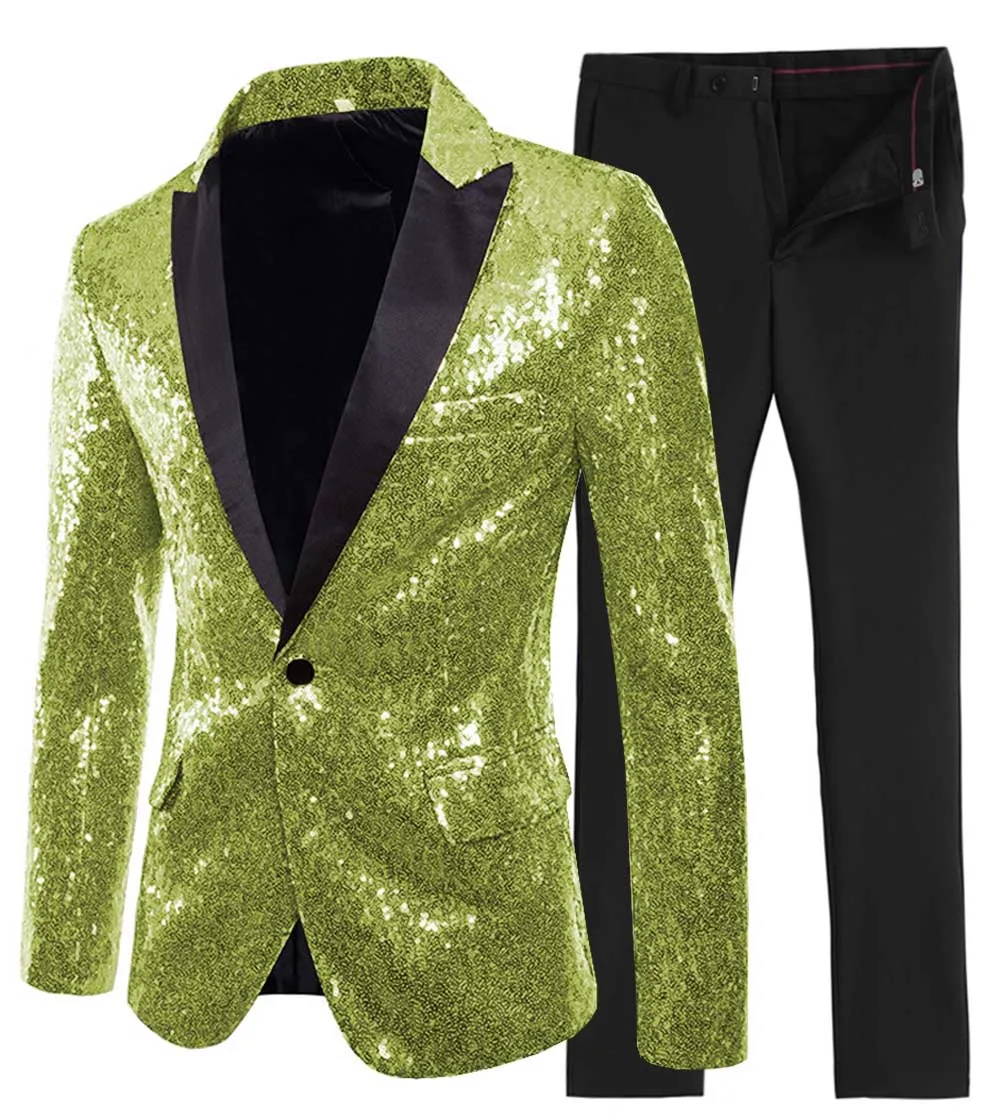 Lime-Green Новинка, золотой/зеленый мужской костюм из 2 предметов с блестящими пайетками, приталенный смокинг на одной пуговице с отворотом для свадебной вечеринки(Блейзер+ брюки - Цвет: Lime-Green