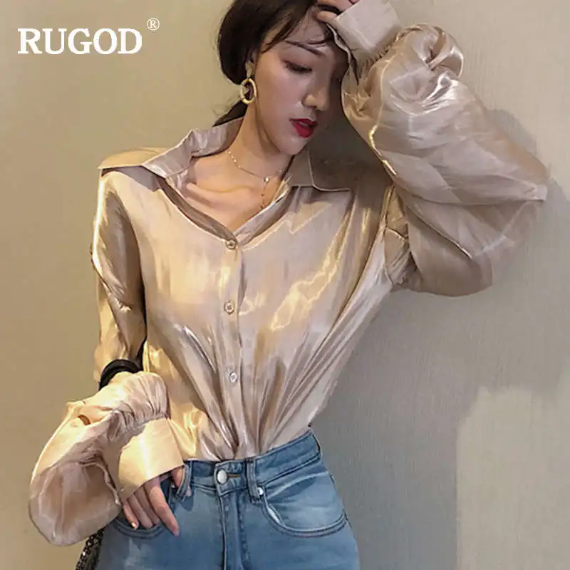 Шампанское RUGOD новая Корейская Золотая Свободная блузка женская модная рубашка с длинным рукавом-фонариком и отложным воротником женские осенние блузки Befree - Цвет: Шампанское