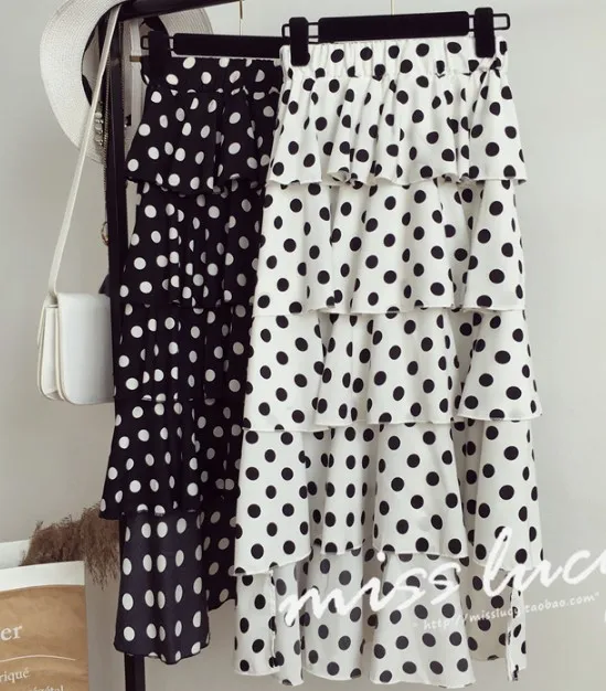 

2019 New Fashion Spring Summer Women's High Waist Polka Dot Skirt All-match Students Casual Chiffon Long Cake Skirts