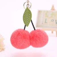 8cm cute cherry artificial rabbit fur ball keychain keyring pompom leaf handbag pendant car key chian ring holder 16 colors