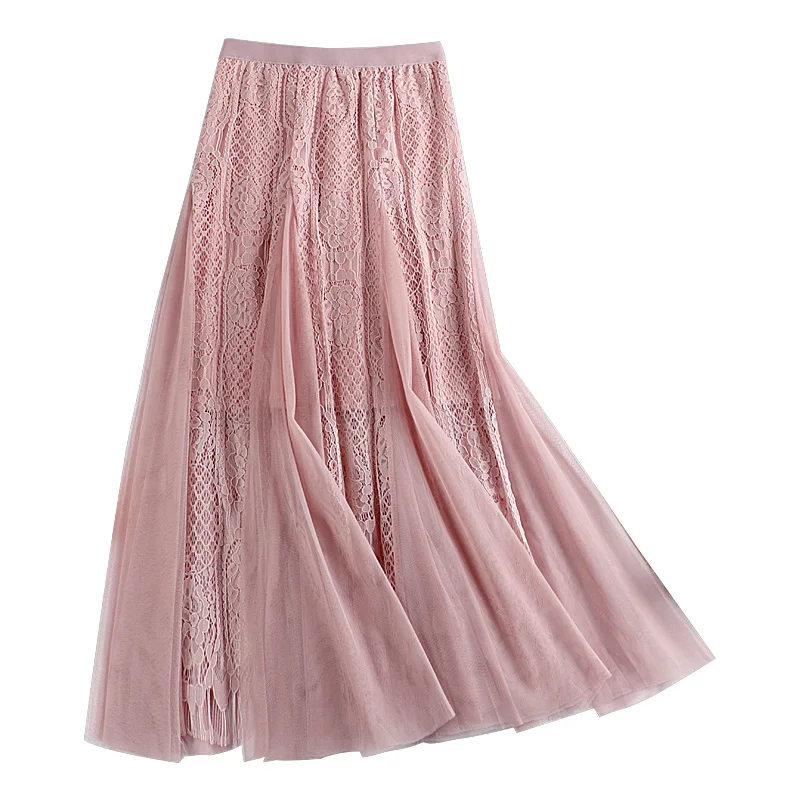 

E34 spring new joker lace stitching nets yarn han edition the a-line skirts long show thin skirt of tall waist female