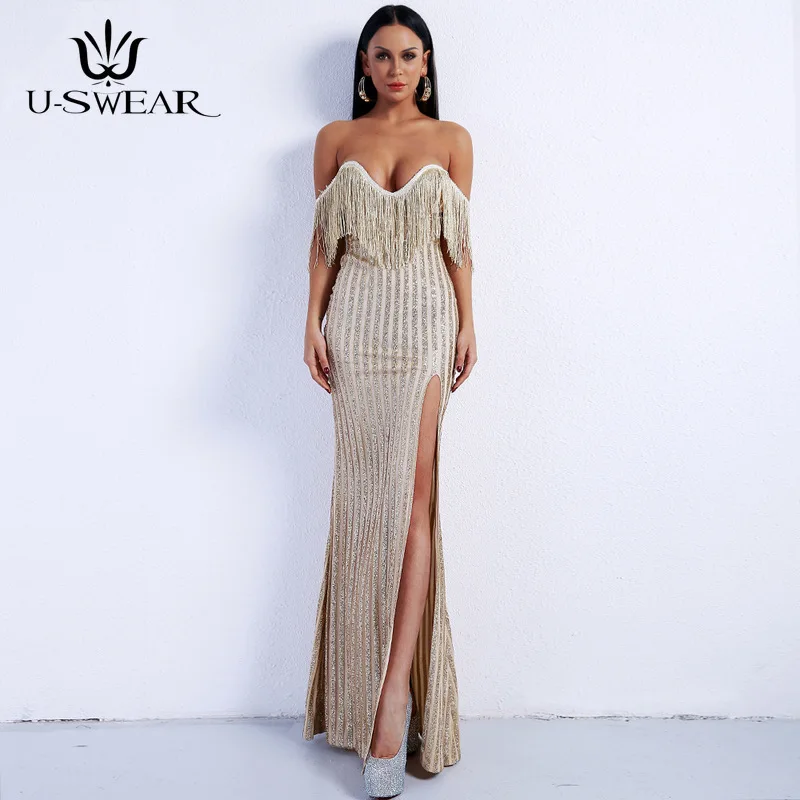 

U-SWEAR Сексуальные вечерние платья с глубоким вырезом без рукавов, с открытой спиной, с кисточками, длиной до пола, с разрезом, вечерние платья ...