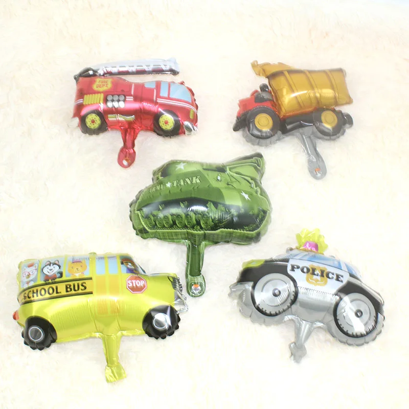 

50pcs lot mini traffic car tank aircraft train police school bus fire truck vehicle boy toys party decoration birthday balloon