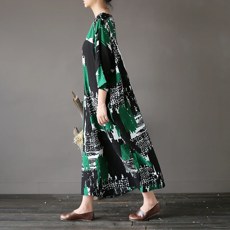 Yesno js4 Для женщин Свободные Длинные Printed Shift Dress Повседневное 100% хлопок кимоно с