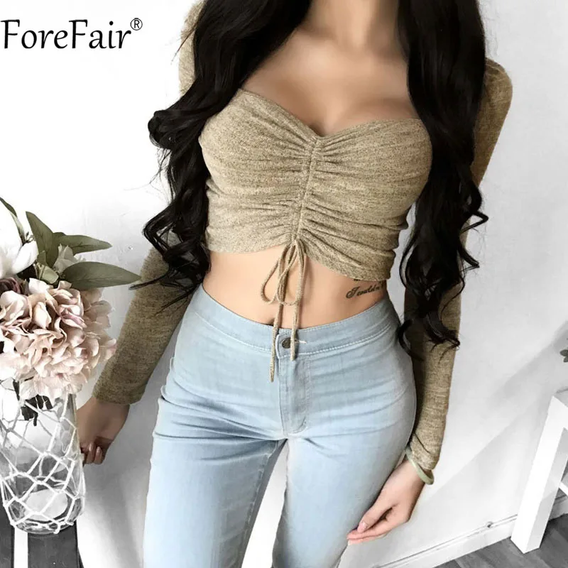 ForeFair, сексуальный бодикон, длинный рукав, короткий топ, для женщин, осень, женская, шнуровка, шнурок, без бретелек, зимняя женская рубашка - Цвет: Цвет: желтый