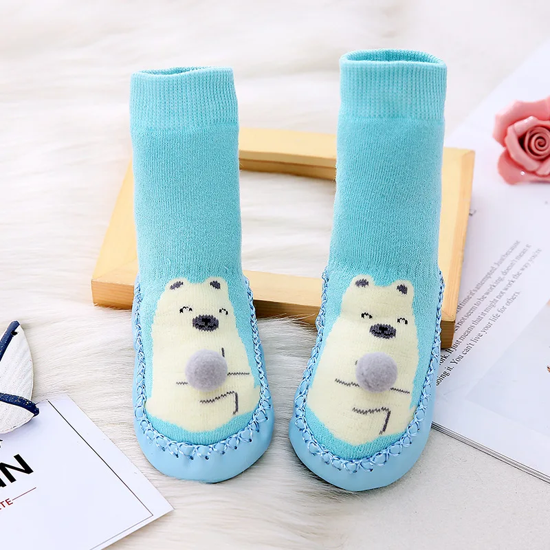 Bear Детские носки; хлопковые детские домашние носки-тапочки с кожаной подошвой; милые Нескользящие тапочки; детские толстые носки с резиновой подошвой - Цвет: Bear