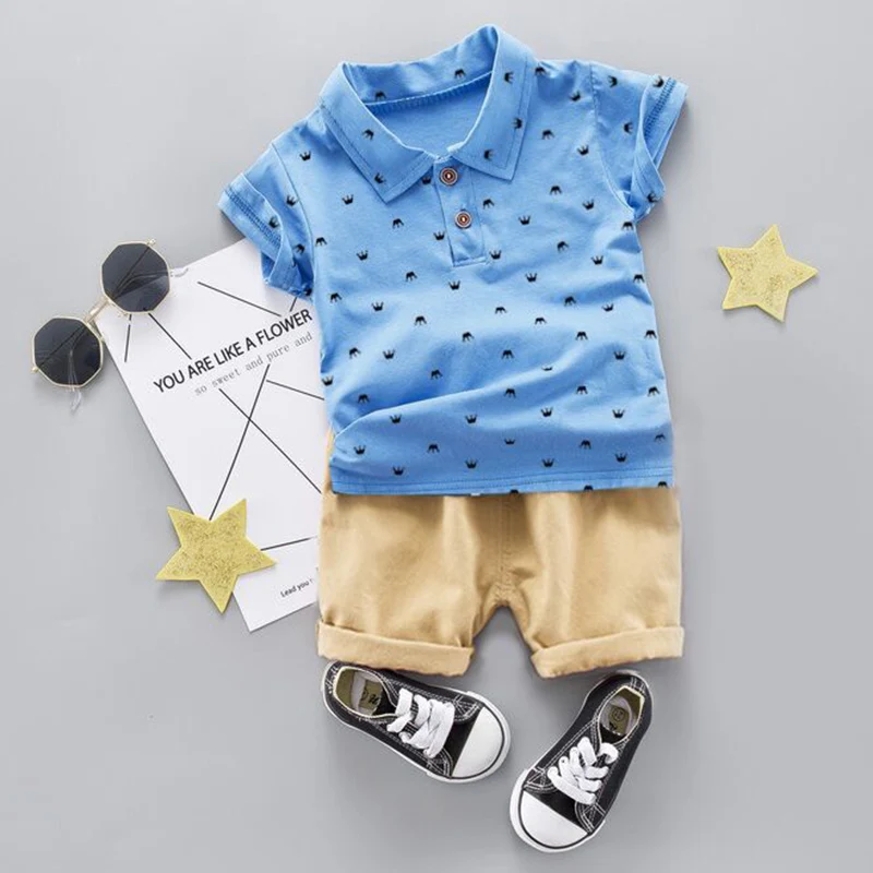 Детские хлопковые топы с короткими рукавами и принтом + однотонные шорты на лето