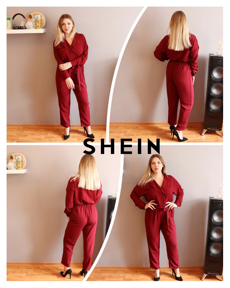 SHEIN Комбинезон С Поясом И Заниженной Линией Плеч Элегантный Комбинезон С Длинными Рукавами И Поясом
