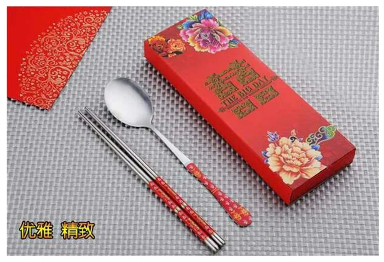 100 шт./лот посуда из нержавеющей стали Двойное Счастье красный цвет ложки наборы