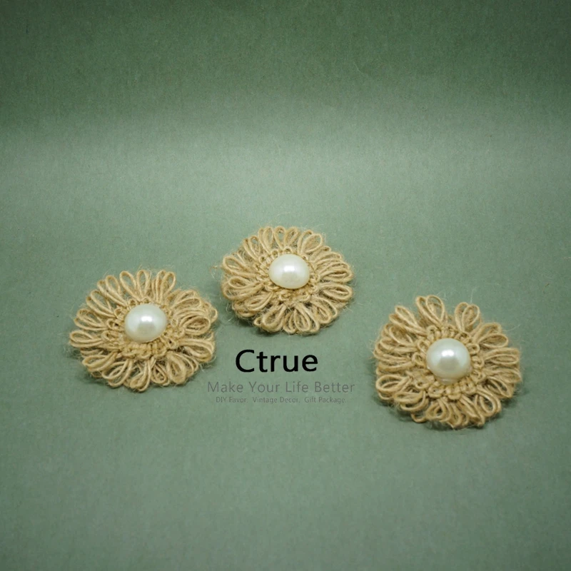 24 шт./лот натуральный джутовый Мешковина гессийский цветок с бусины из