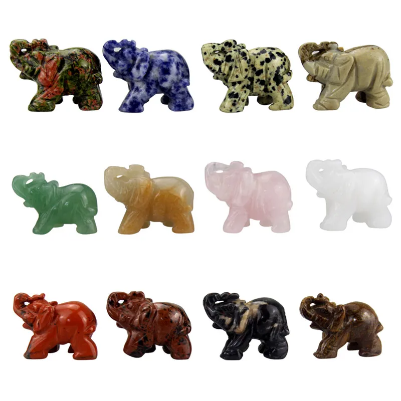 

Elephant Statue 12 pieces Mixed 40mm Carved Gemstone Elephant Crystal Figurines for Home Craft Chakra Stones Healing Reiki