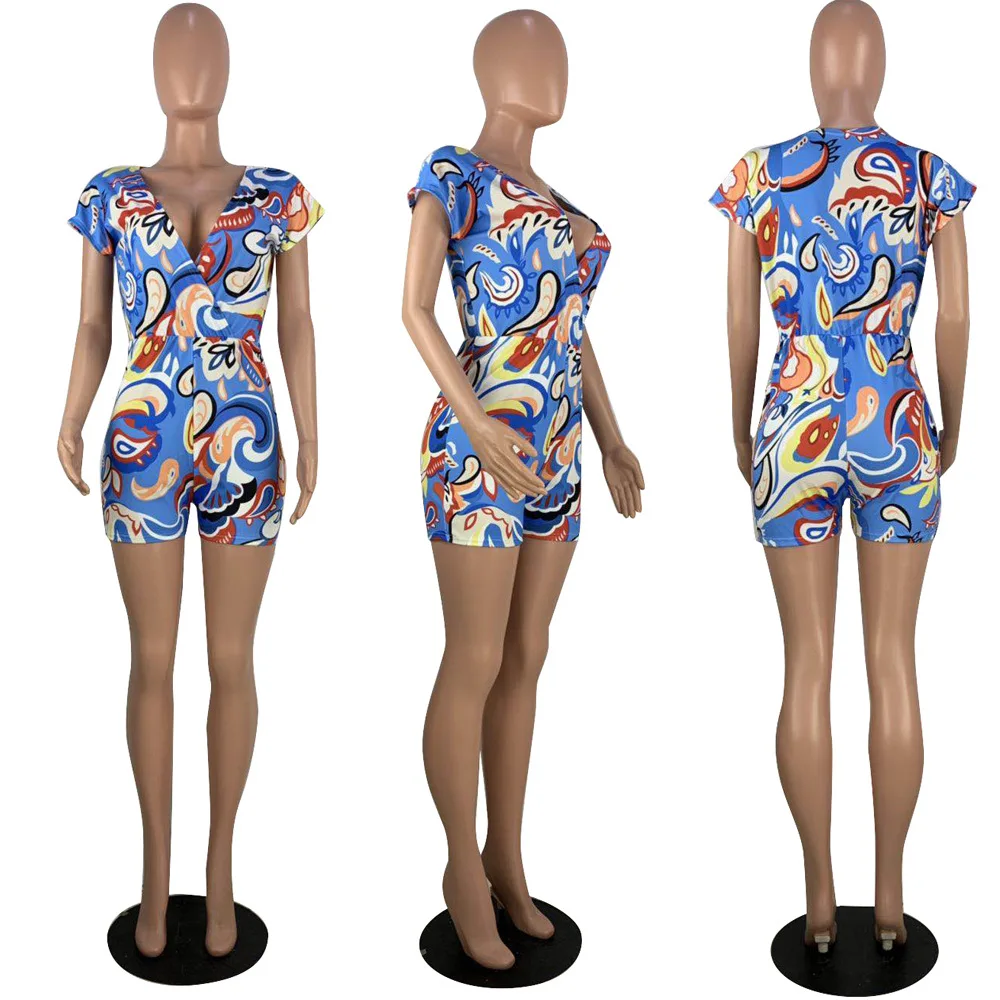 

HAOOHU New Colorful Paisley Wave Printed V-neck Short Sleeve Playsuit Beach Fashion Short Romper Bohemian Jumpsuit for Party