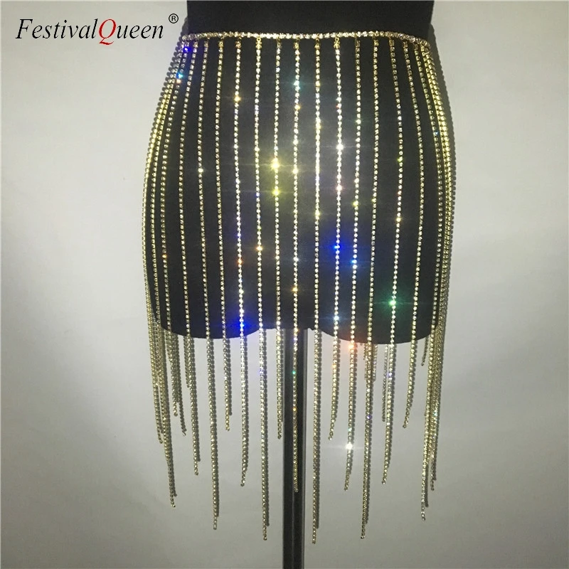 FestivalQueen Европейская Женская юбка с кисточками, стразы,, сексуальная блестящая мини-юбка с металлической цепочкой для ночного клуба