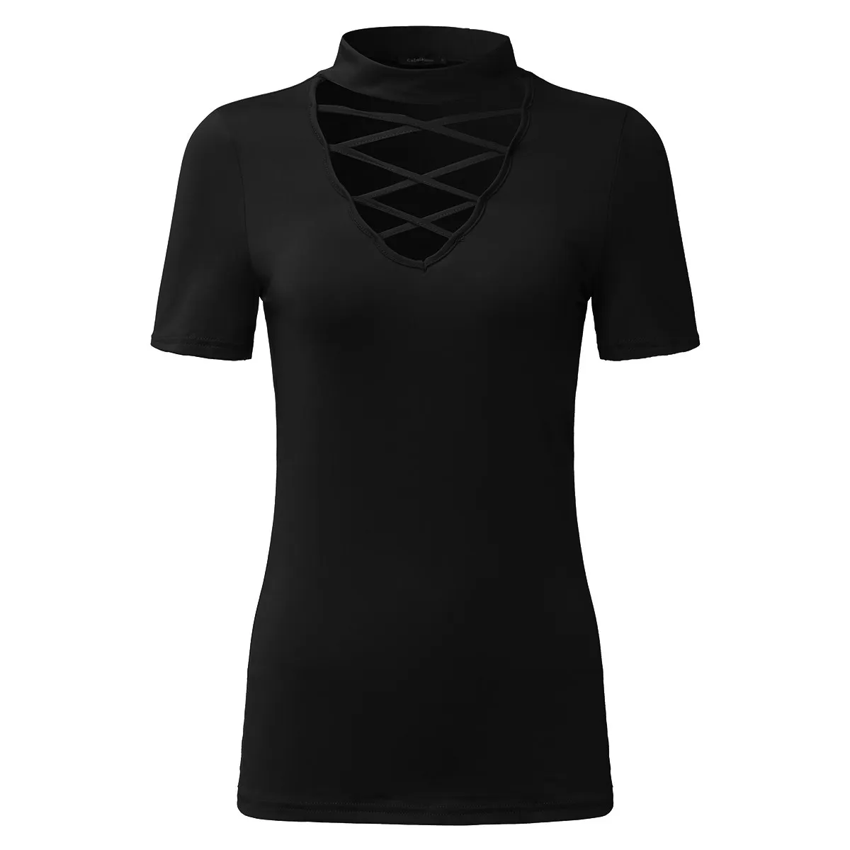 Black CELMIA Лето Для женщин Blusas Chocker глубокий вырез из блузки короткий рукав рубашки Обычная тонкая Однотонная футболка Oversize Топы S-4XL - Цвет: Black