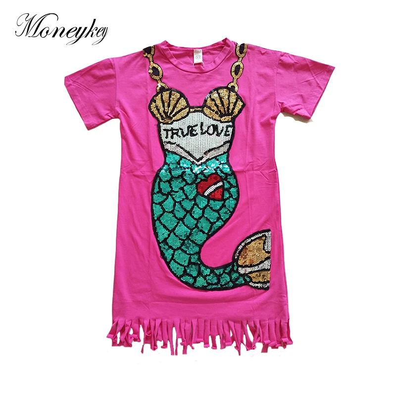 Baby Girl Embroidery Dress Cartoon Mermaid Sequins Tassel Dresses For Girls Summer Beach Children Clothing Kids Vestidos | Детская