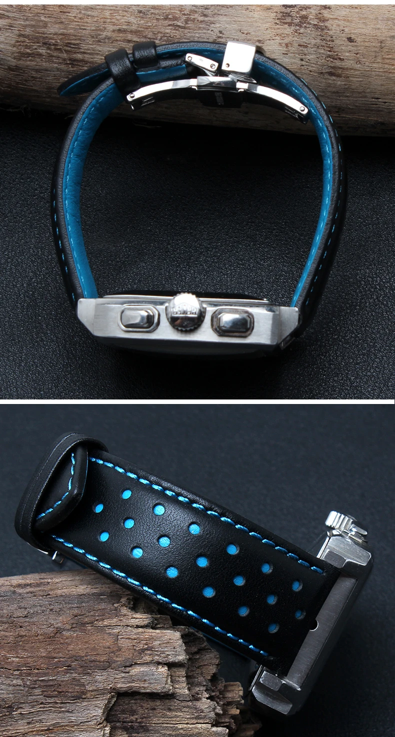 Rolamy 20mm 22mm Real Cowhide Leather Handmade Black Red Blue Replacement Wrist Watch Band Strap Double Push Clasp