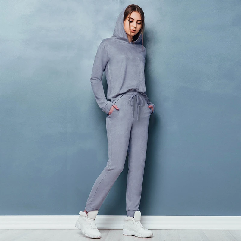 2019 зимний Бархатный комплект из двух предметов Темно серые женские костюмы