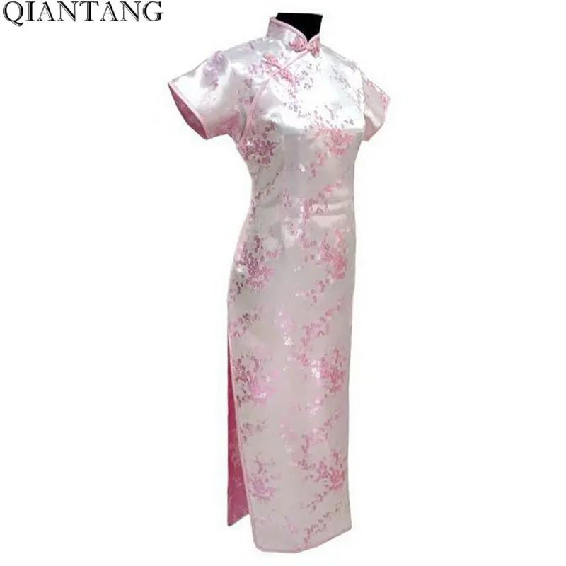 Лидер продаж светло-Розовое женское атласное классическое длинное платье Ципао