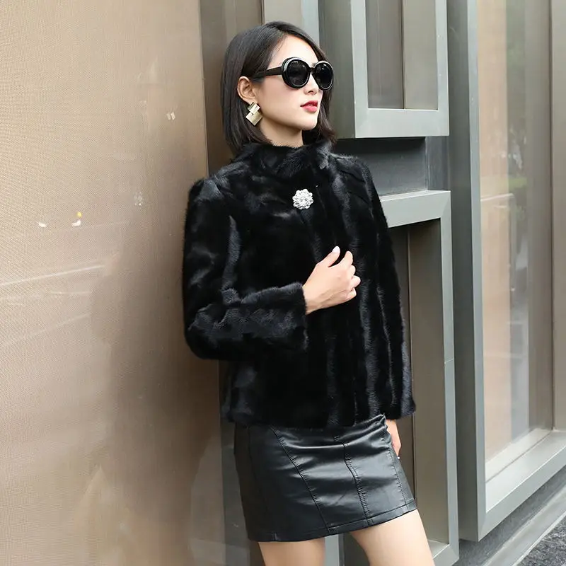 Новинка 2019 Женское пальто из меха норки женское меховое с воротником стойкой