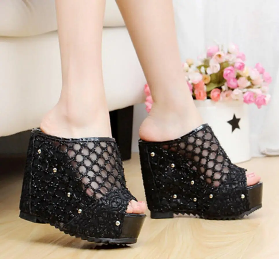 Chaussures femme ete/; женские сланцы на полой платформе; обувь на танкетке и высоком каблуке 12,5 см; женские летние босоножки на платформе; basket femme - Цвет: Black