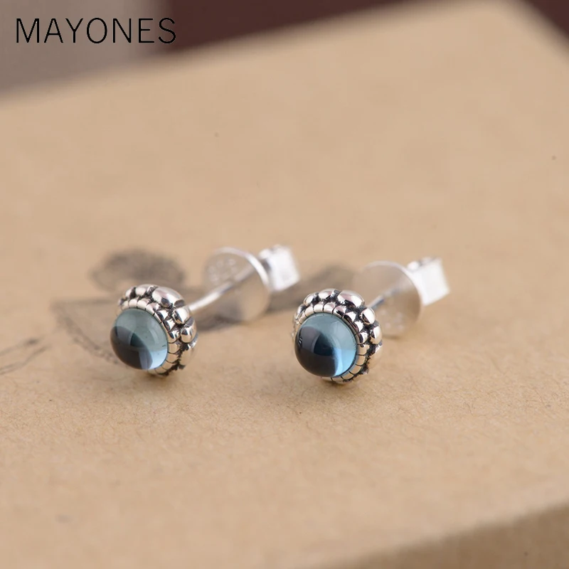 Женские серьги-гвоздики с голубым топазом MAYONES Винтажные серьги из тайского
