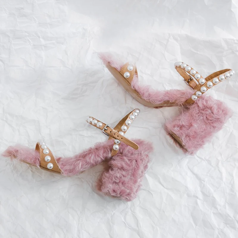 2019 г. летние босоножки женская милая розовая шерстяная обувь с бусинами модная на