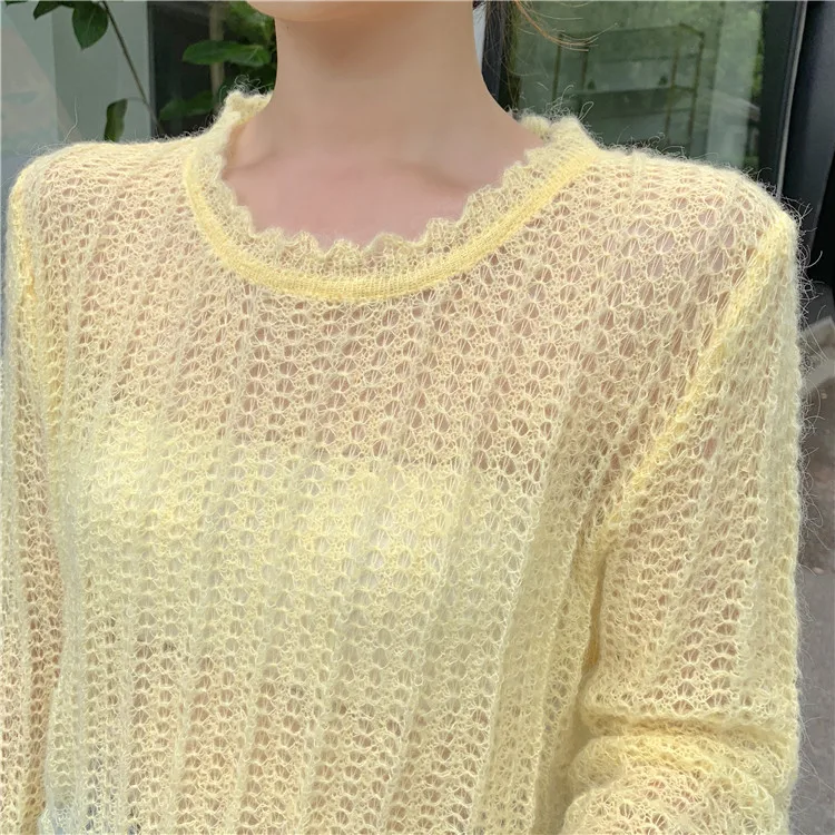 HAMALIEL New Summer Autumn Fashion Loose Sweater Tops Korean Chic Sky Blue Knitted Hollow Out Sexy Pollovers Thin Casual Jumpers | Женская