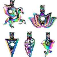 rainbow color horse wings feather triangle rose lotus beads cage perfume diffuser stone pearl cage locket pendant unisex jewelry