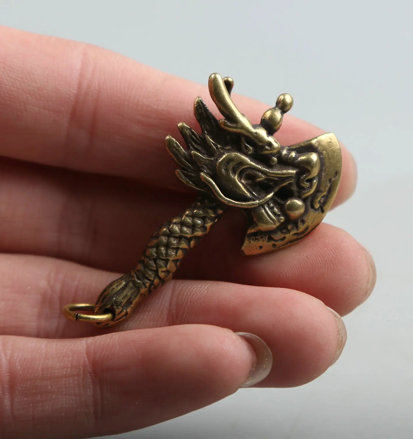 

41MM/1.6" Collect Curio Rare Chinese Fengshui Bronze Exquisite 12 Zodiac Year Dragon Axe Hatchet Ax Pendant Statue Statuary 18g