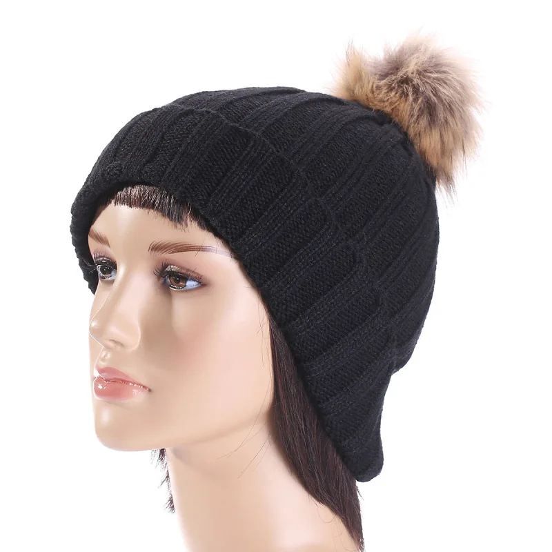 Зимняя женская шапка с искусственного меха кабель вязать Полосатый Pom Beanie Топ