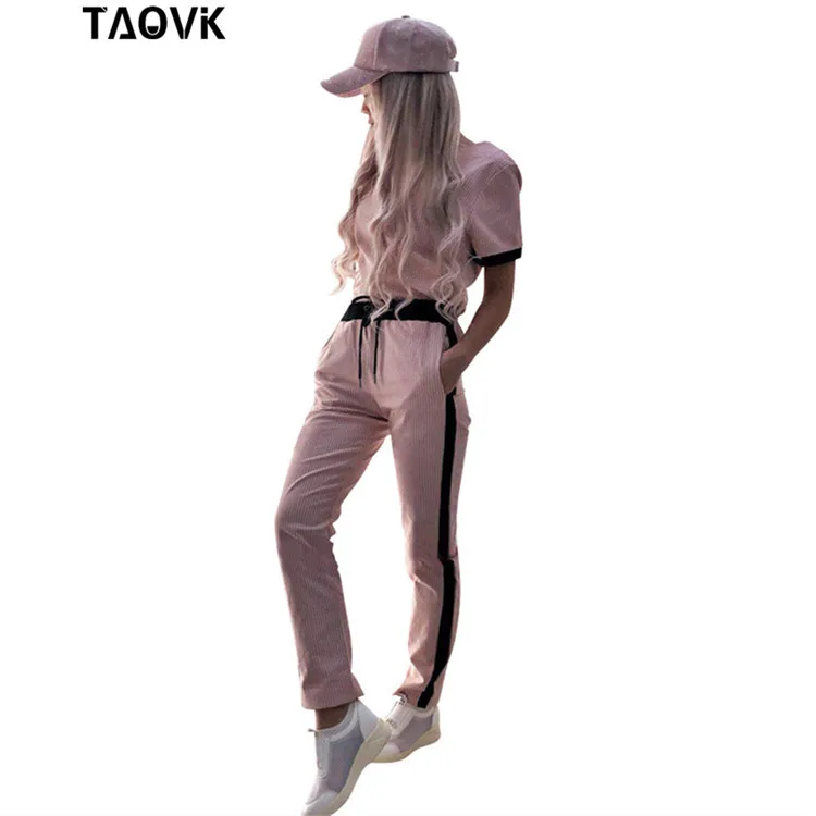 Женский костюм-двойка TAOVK, серый/черный костюм с приталенным топом с короткими рукавами и брюками, спортивный костюм с футболкой и брюками
